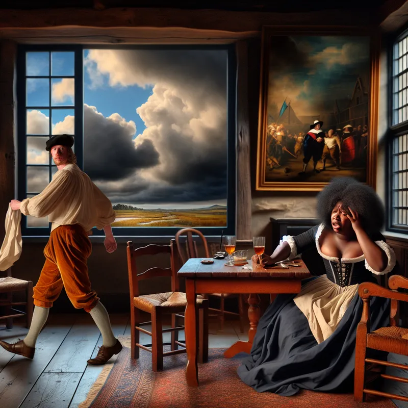 17e-eeuwse Nederlandse taverne-scène met een man die zijn vriendin achterlaat met een onbetaalde rekening, emotionele spanning en dramatisch licht