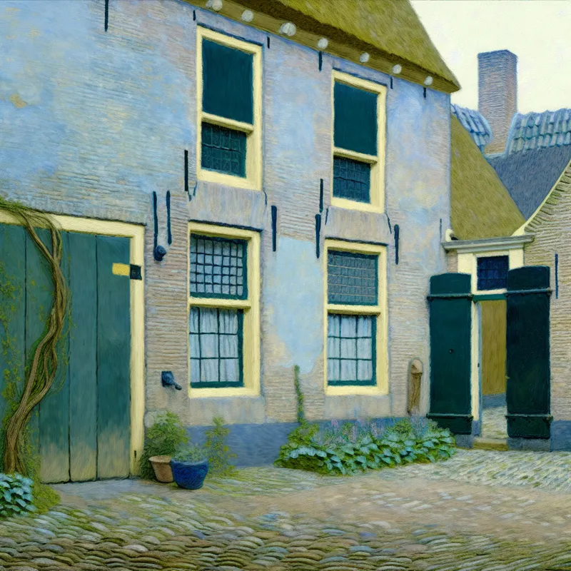 17e-eeuws Nederlands huis met persoon die pakket aan achterdeur ophaalt, serene sfeer met tuin en zacht licht