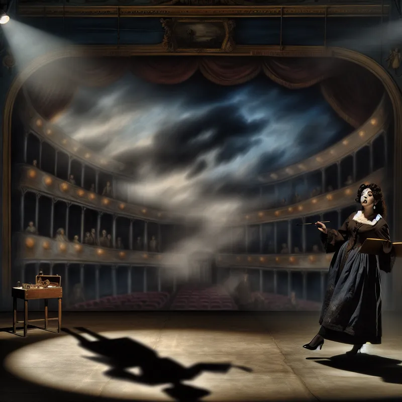 Acteur in historische detectivekleding speelt een rol op een weelderig toneel met dramatische belichting en decorstukken zoals een vergrootglas en script