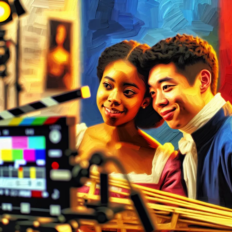 Twee acteurs op een filmset, bezig met een romantisch moment, met blije gezichten en een warme gloed van de lichten