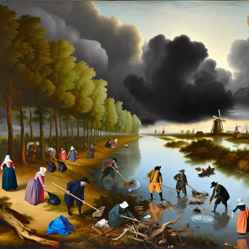 Schilderij van personen die afval opruimen van een vervuilde rivierbedding onder donkere wolken, geïnspireerd door Jacob van Ruisdael.