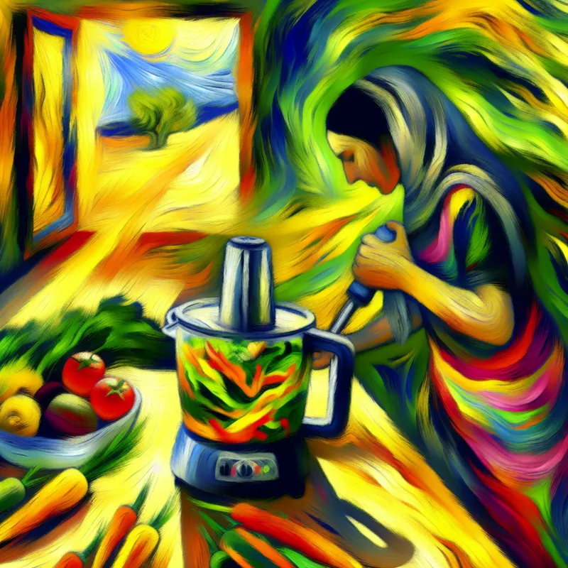 Een persoon pureren kleurrijke groenten in een heldere keuken.