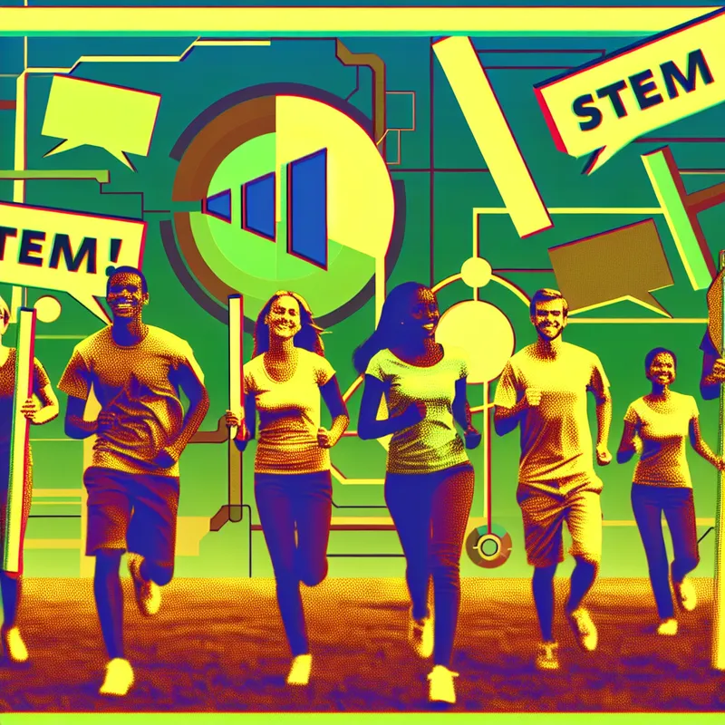 Diverse jonge mensen joggend in een park met kleurrijke posters die 'Stem!' zeggen, achtergrond met abstracte sociale media iconen.
