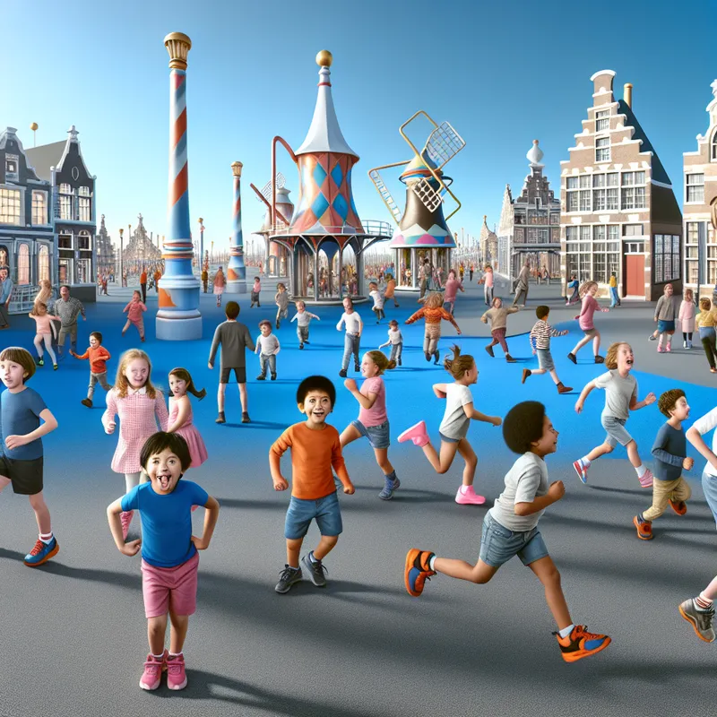 Speelse kinderen rennend in een zonnig park met surrealistische architectuur op de achtergrond.