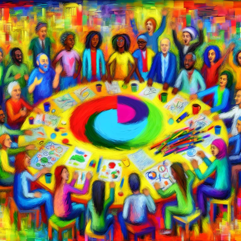 Een levendige, abstracte weergave van een diverse groep mensen die actief samenkomt in een gemeenschapsvergadering