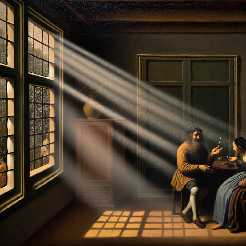 Twee mensen in gesprek bij een regenachtig raam, verwijzend naar een actuele situatie in Vermeer-stijl