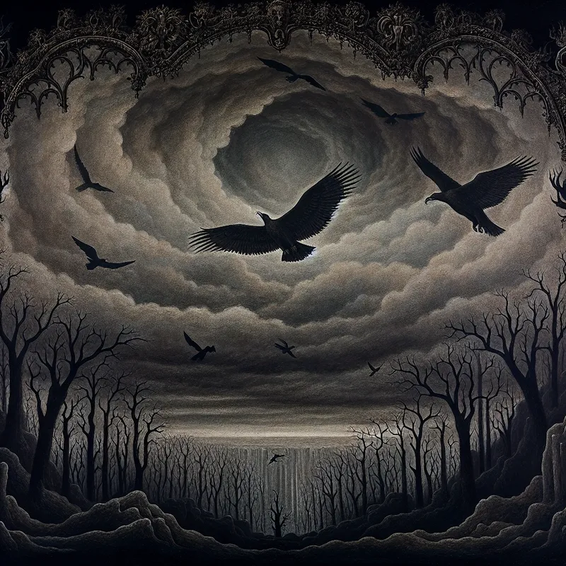 Majestueuze adelaars cirkelen elegant in de lucht boven een somber landschap met gotische bomen en dreigende wolken.