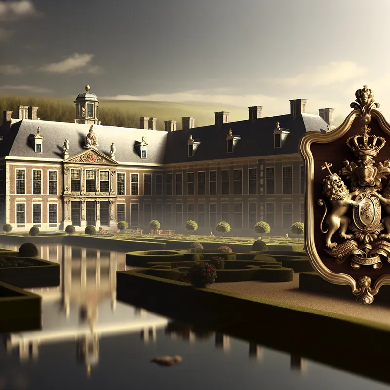 Een majestueus landhuis met een familiewapen in een zonovergoten landschap