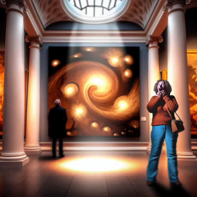 Een persoon die in awe voor een prachtig abstract schilderij staat in een sfeervol museum.