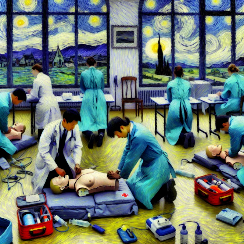 Gezondheidsprofessionals leren Advanced Life Support in een medisch trainingscentrum, met een focus op CPR-training op een mannequin.