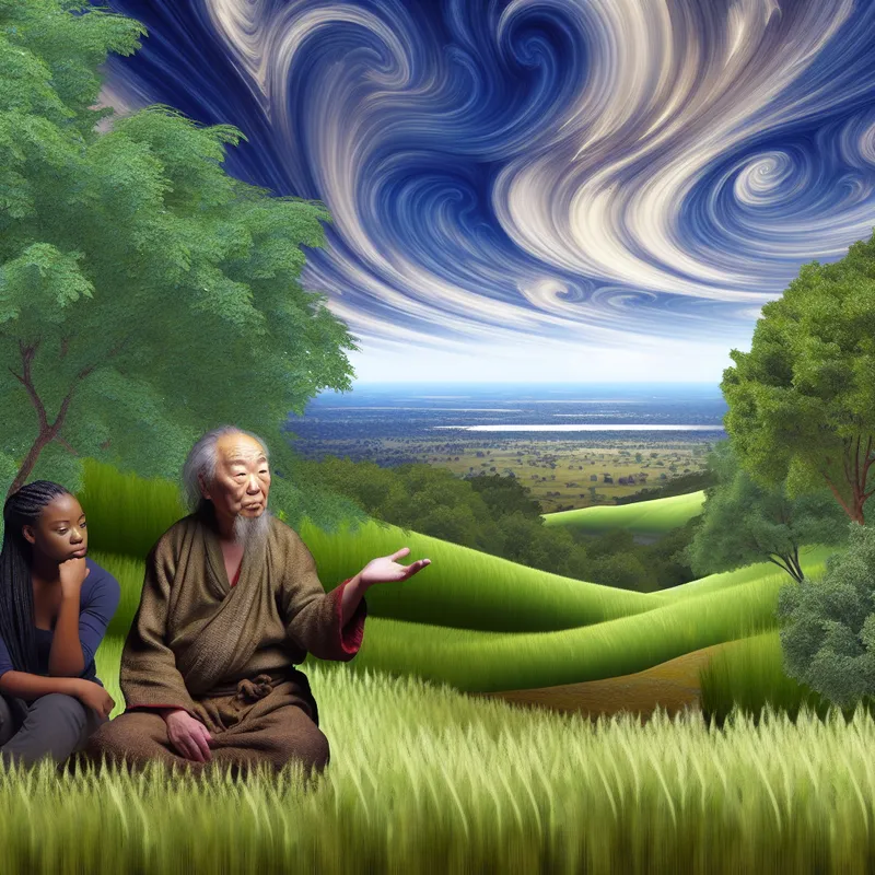 Een wijze oudere geeft advies aan een jonge persoon op een groene heuvel met een uitgestrekt dal op de achtergrond, terwijl de lucht vol indrukwekkende wolken is.