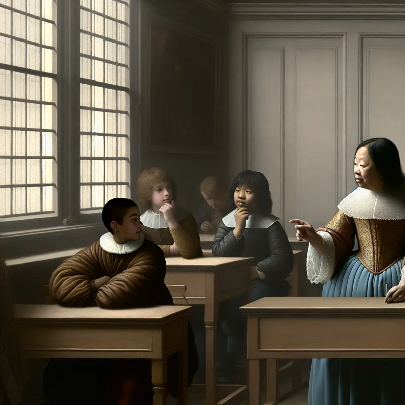 Een lerares geeft advies aan een groep aandachtige studenten in een serene klasruimte.