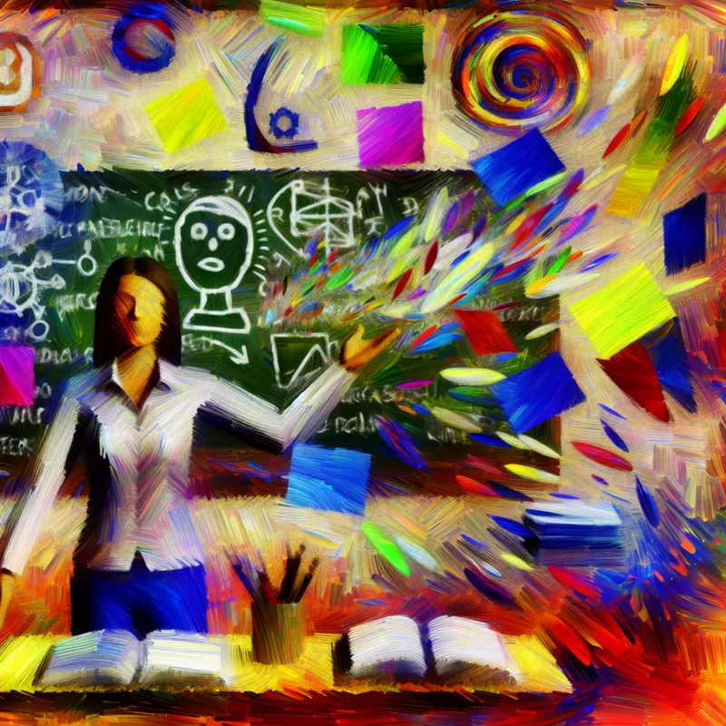 Abstracte afbeelding van een persoon die advies geeft over studeerplannen in een levendige klasomgeving met kleurrijke notities en materialen.