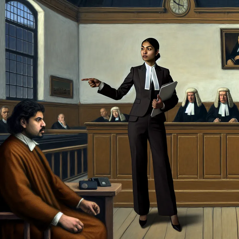 Een zelfverzekerde advocaat in een op maat gemaakt pak in de rechtszaal, staande voor de rechter met een zaakdocument in de hand, terwijl een bezorgde cliënt in de voorgrond zit.