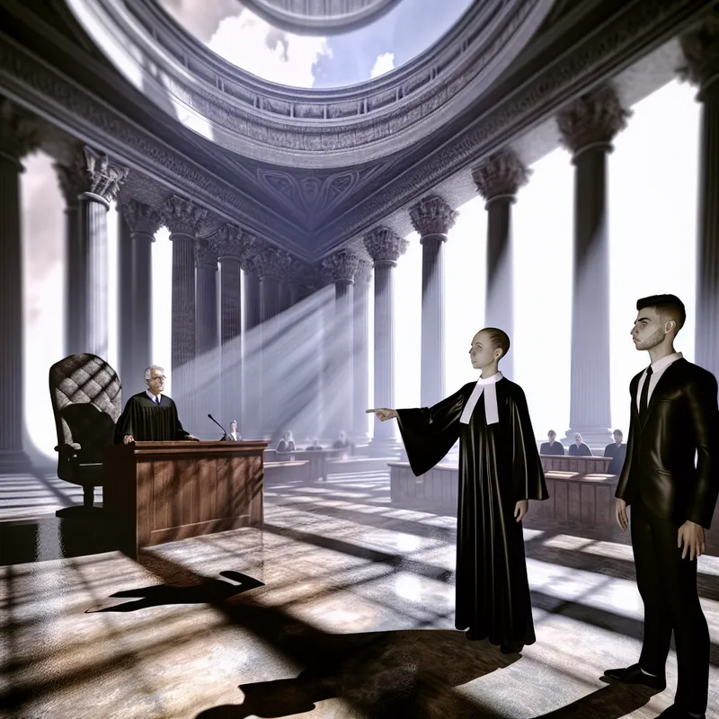 Hyperrealistische surrealistische rechtszaal met advocaat die een nerveuze cliënt verdedigt voor een strenge rechter, in de stijl van Carel Willink