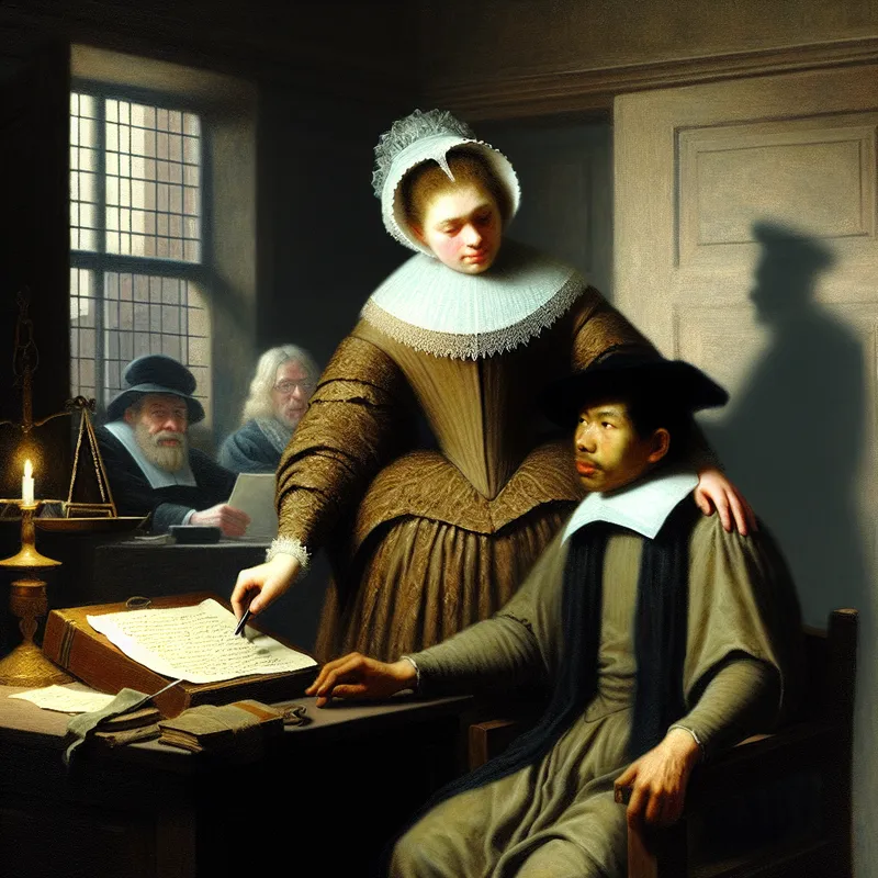 17e-eeuwse advocaat beschermt kwetsbare cliënt in elegante rechtszaal, symbolisch voor verdediging van rechten