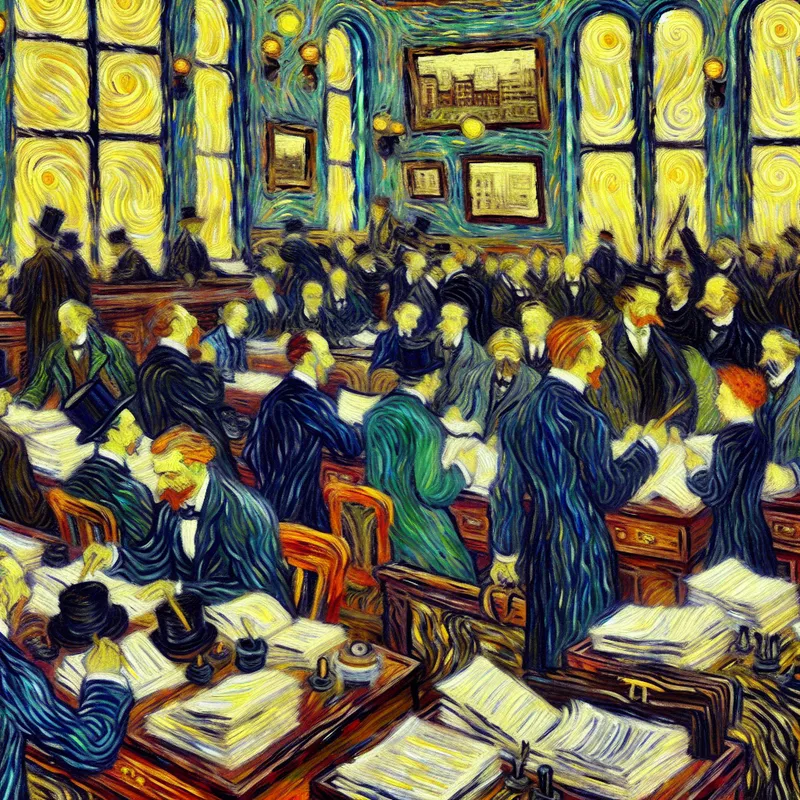 Druk advocatenkantoor in Van Gogh-stijl met juristen aan het werk tussen juridische documenten en boeken