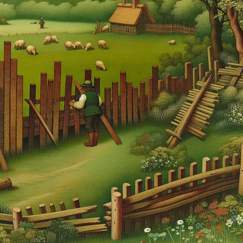 Boer die een houten hek plaatst om een groene weide af te bakenen in nostalgische Anton Pieck-stijl met schapen op de achtergrond