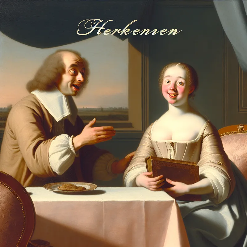 Een man en vrouw in een elegante kamer delen een moment van herkenning aan een prachtig gedekte tafel, met de vrouw die een vintage boek vasthoudt.