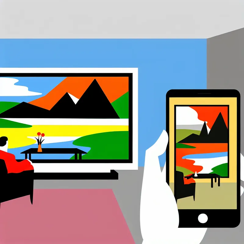 Minimalistische digitale illustratie van een woonkamer met een televisie en smartphone die dezelfde afbeelding tonen, verschillend in scherpte en helderheid