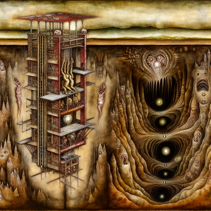 Surrealistisch kunstwerk in de stijl van Hieronymus Bosch met een fantastische lift die afdaalt in een duistere, andere wereld, symboliserend beweging omlaag