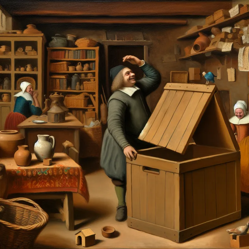 Gezellige huiselijke scène in de stijl van Jan Steen met een man die speels een deksel als mini-dak op een houten doos plaatst, omringd door boeken en huishoudelijke spullen