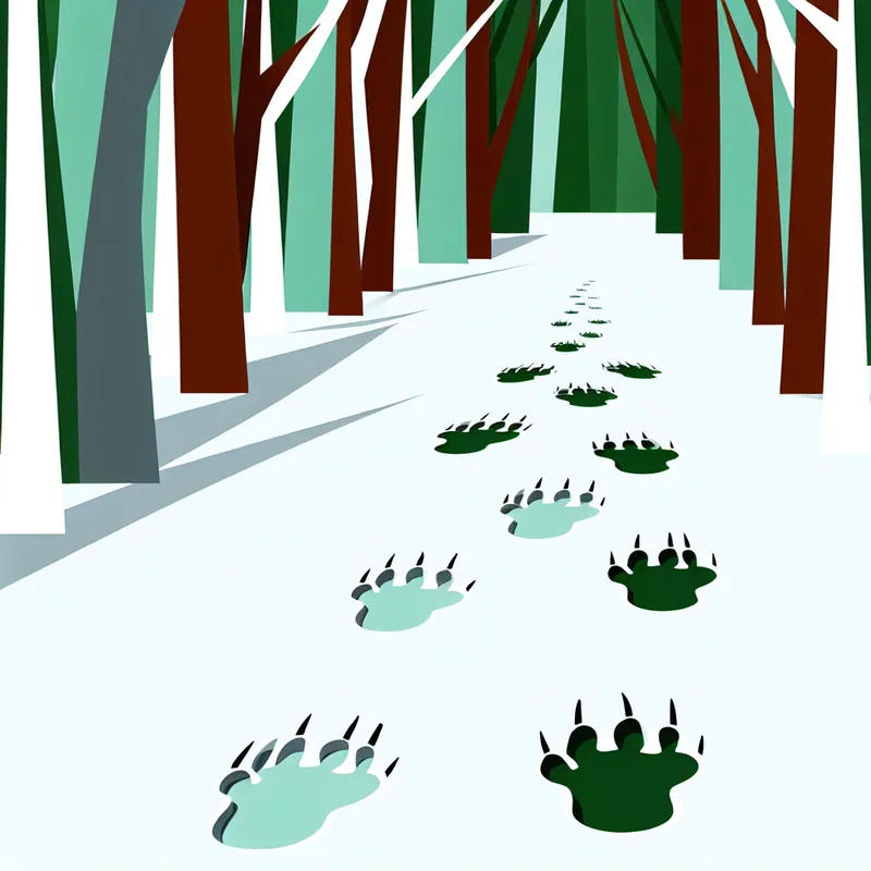 Een minimalistische afbeelding van een besneeuwd bospad met duidelijke dierenafdrukken die verder de bomen ingaan.