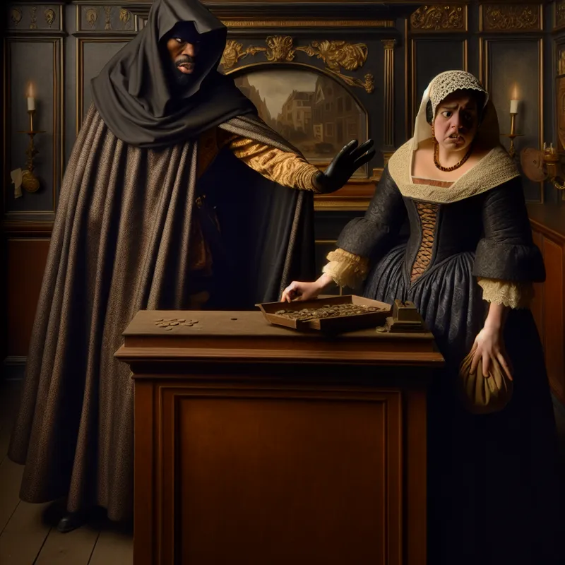 17e-eeuwse scène van een crimineel die geld afdwingt van een angstige kassamedewerker in een elegante interieur