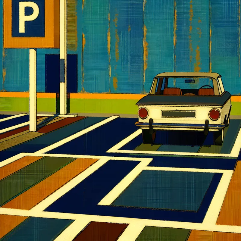 Retro-futuristische illustratie van een net geparkeerde auto in een afgebakend parkeervak met witte lijnen en een parkeerbord