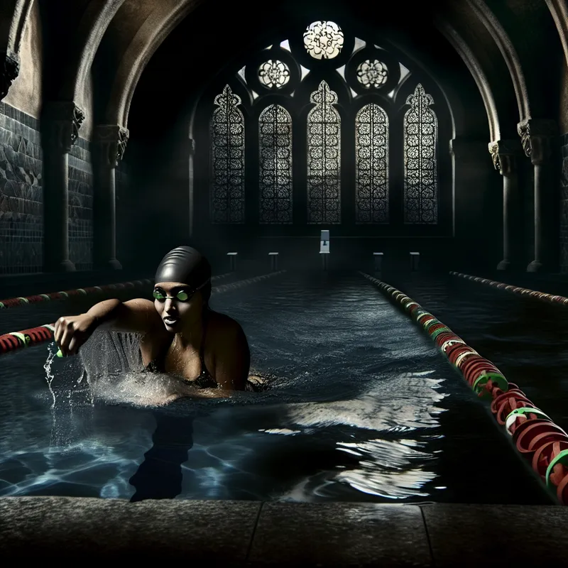 Zwemmer in donker verlicht binnenbad met afgebakende zwembanen, symbolisch weergegeven in stijl van Félicien Rops