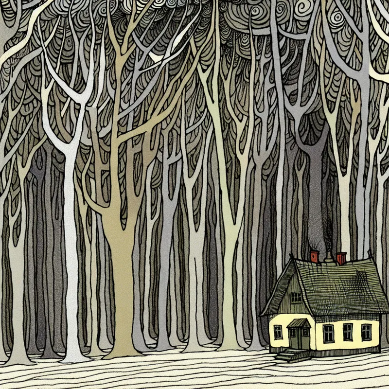 Klein, afgelegen huisje diep in een donker, dichtbegroeid bos met hoge bomen en lange schaduwen, cartoonstijl in de trant van Marten Toonder