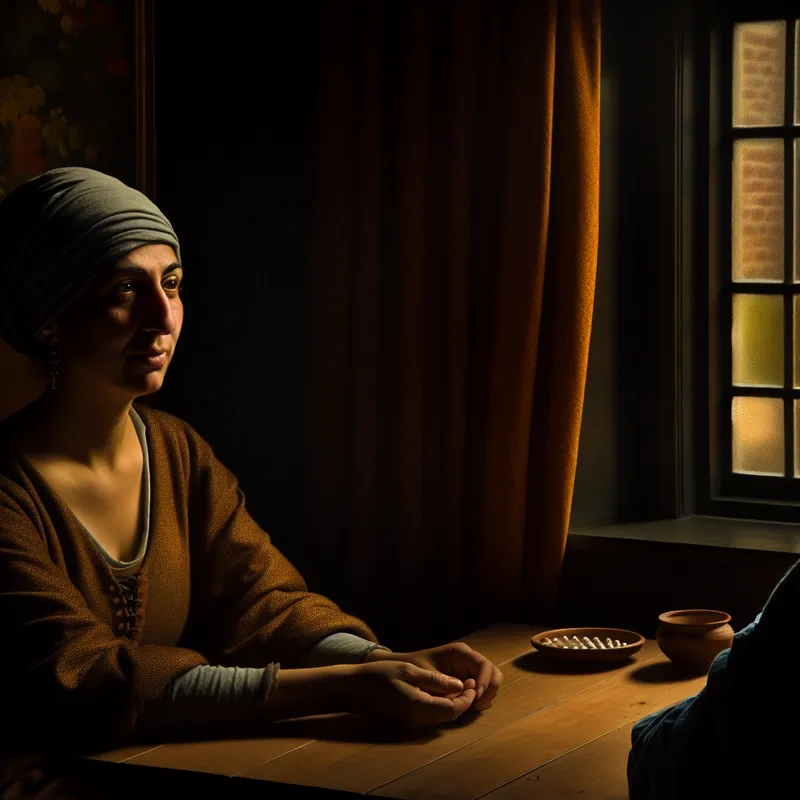 Een vrouw zit aan een houten tafel in een zwak verlichte kamer, met een afgeleide blik terwijl ze naar een raam kijkt, terwijl een vriend conversatie voert.