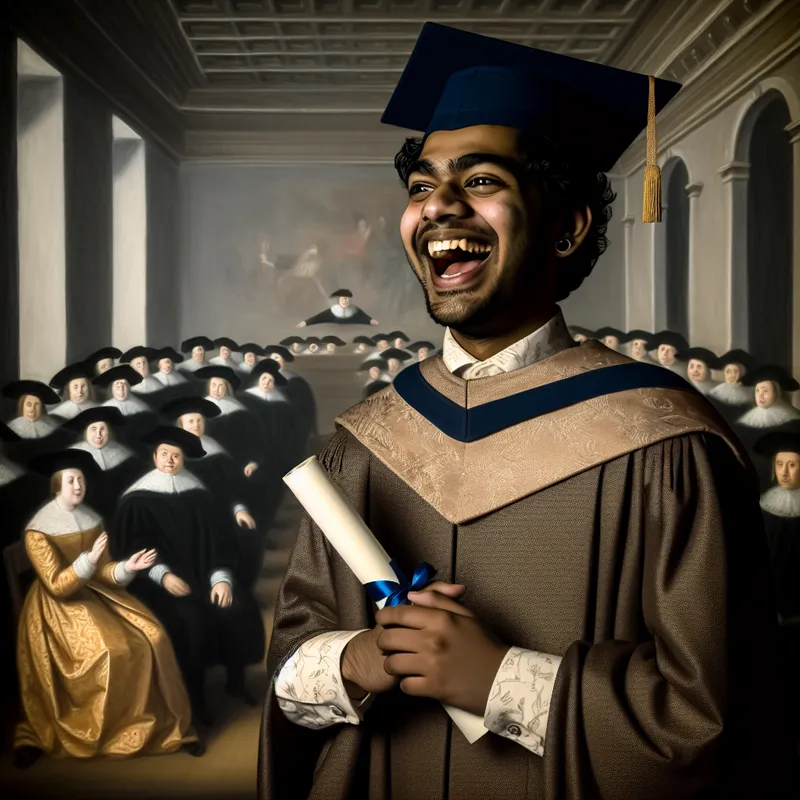 Jongeman in toga en pet, blij met diploma in soft-lit auditorium