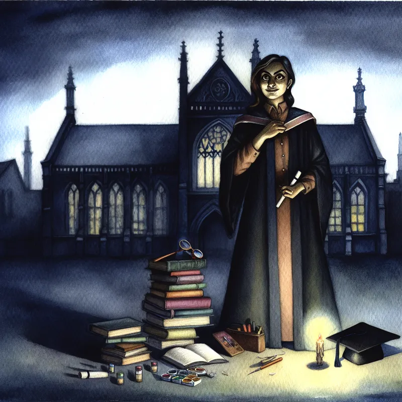 Een jonge student met een diploma en pen voor een oude universiteit met gotische architectuur in de schemering.