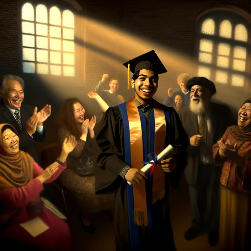 Een afgestudeerde in cap en gown, blij met diploma omringd door familie en vrienden die vieren in een zonovergoten hal.