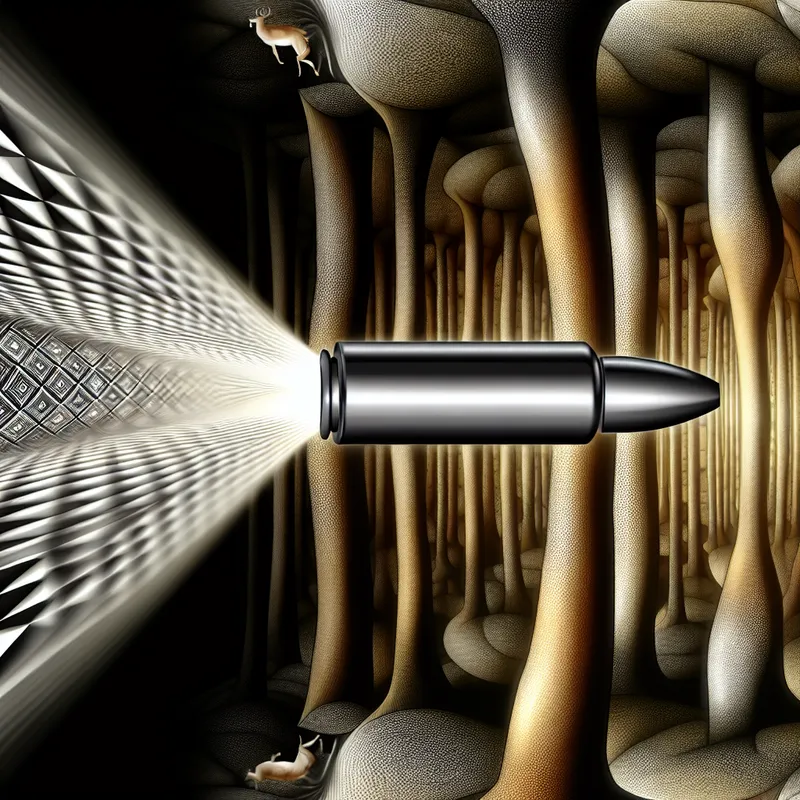 Surrealistische illustratie van een afgevuurd projectiel in de stijl van M.C. Escher, met geometrische patronen en optische illusies in een onmogelijk boslandschap