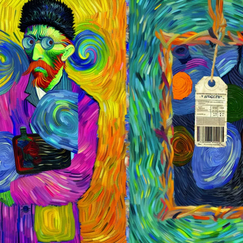 Twee contrasterende scènes in Van Gogh-stijl die het concept 'afgezien van' uitbeelden: een lelijk voorwerp afgekeurd en een doorgestreepte prijskaart genegeerd