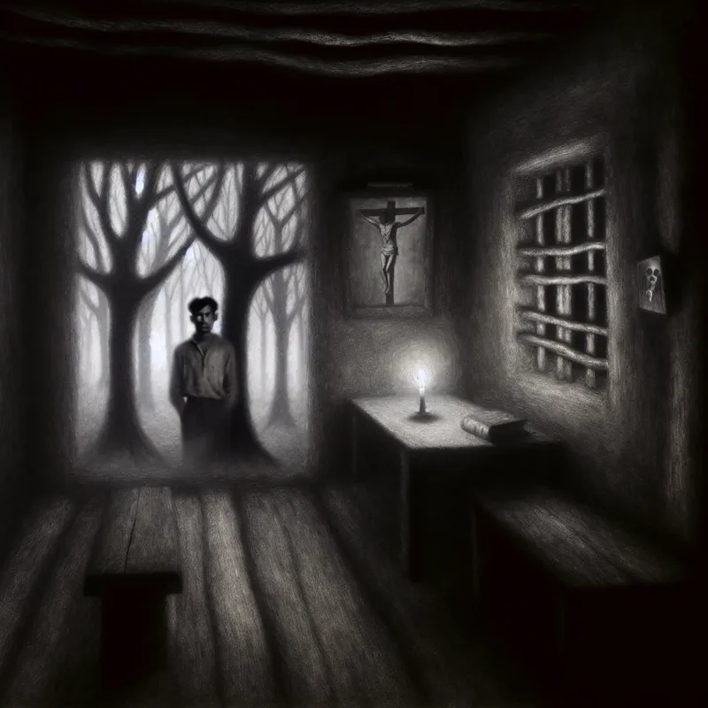 Eenzame figuur in een donker, mistig boshuisje, symbolisch afgezonderd van de buitenwereld