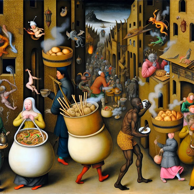 Surrealistisch tafereel in de stijl van Jheronimus Bosch van een middeleeuwse straat waar mensen Chinees afhaaleten en koffie meenemen, met fantasiewezens en zwevende lekkernijen
