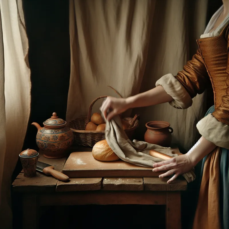 17e-eeuws Nederlands tafereel van een persoon die een versgebakken broodje inpakt om mee te nemen, in de stijl van Vermeer