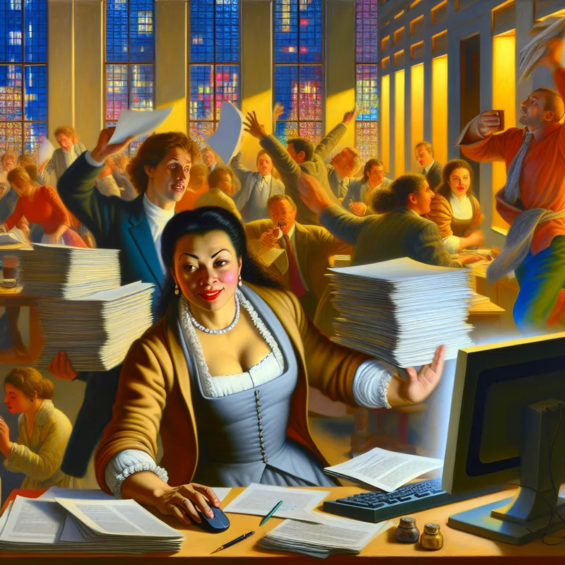 Een vrouw in een druk kantoor beheert stapels papierwerk en een computer, omringd door energieke collega's.