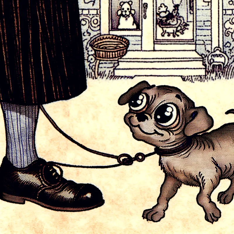 Schattig cartoonhondje met grote ogen en slappe oren dat liefdevol aan het been van een kind vastzit, symbool voor afhankelijkheid in een warme, gedetailleerde omgeving