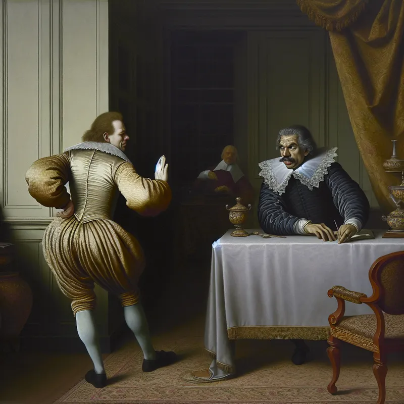 17e-eeuws schilderij van een man die met afkeer reageert op zijn arrogante baas in een elegante kamer