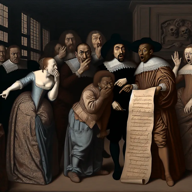 17e-eeuws schilderij van een groep verfijnde mensen die morele verontwaardiging tonen bij het lezen van afkeurenswaardige beledigingen op een brief