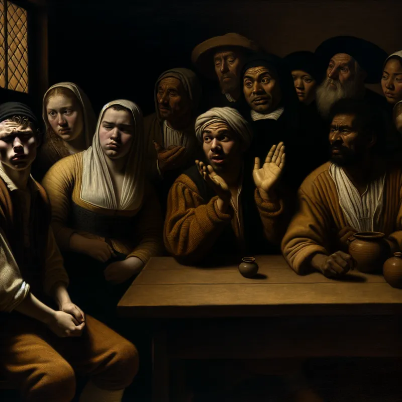 Een groep mensen in een slecht verlichte kamer met verschillende gezichten van afkeuring rondom een tafel.