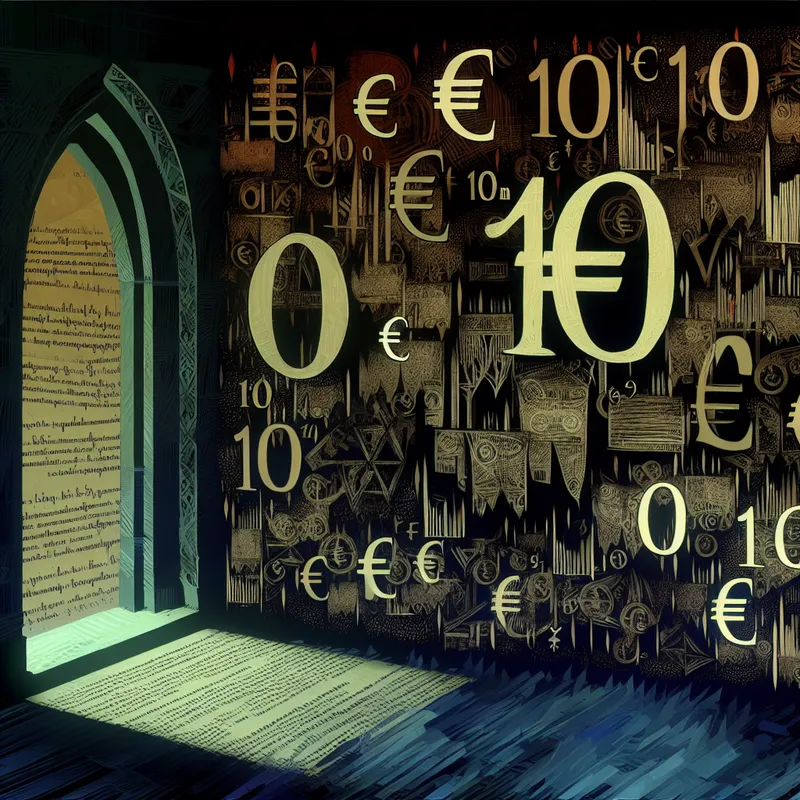 Gothische financiële illustratie met afkorting '10 M.' voor 10 miljoen, omringd door eurotekens, grafieken en cryptische symbolen in een compact rapport