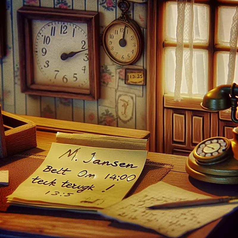 Vintage kantoorscène met houten bureau, handgeschreven notitie 'M. Jansen belt om 14:00 terug' en antieke voorwerpen zoals een inktpot en telefoon, ter illustratie van de afkorting 'M.' voor 'meneer' in notities