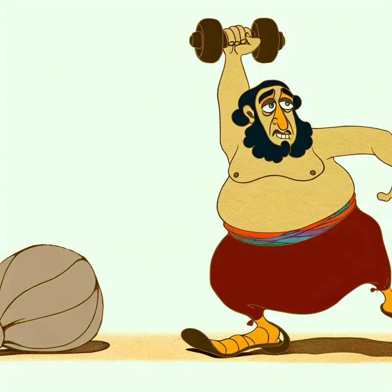 Cartoonfiguur met verminderde spiermassa die moeite heeft met gewichtheffen, illustratie van afname in kracht