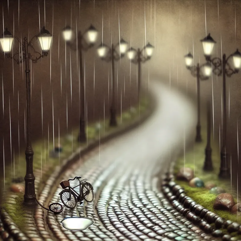 Vintage fietspad in de regen met een omgevallen fiets, symboliserend dat iets aan kracht of waarde afneemt