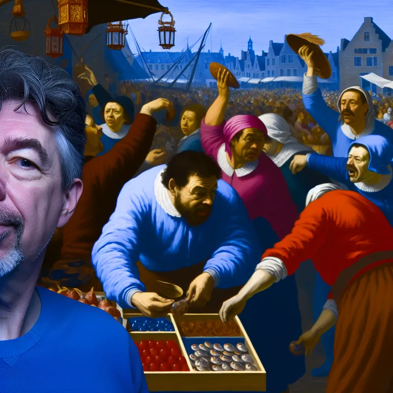 Lege marktkraam met verbaasde verkoper terwijl klanten de laatste producten afnemen, geschilderd in levendige stijl van Frans Hals